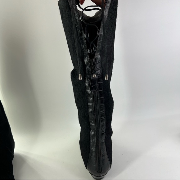 NWT Migliorini Calf Hair Boots Reptile Pattern Lace Up Back 7.5 Black Real Fur - Picture 4 of 12